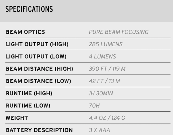 Coast HL7 headlamp specifications chart.