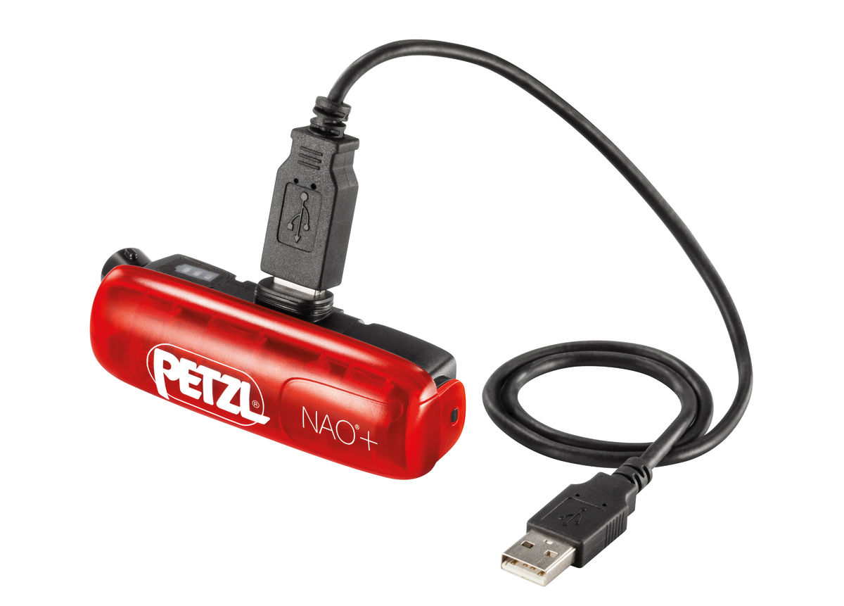 Petzl Nao+ Headlamp Review of battery pack and USB cable. Unit E36AHR-2B.