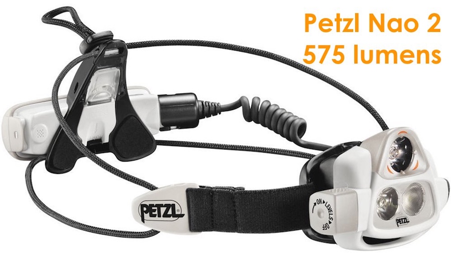 Petzl Nao 2 outdoor headlamp with 575 lumens of brightness. Can buy in 2017.