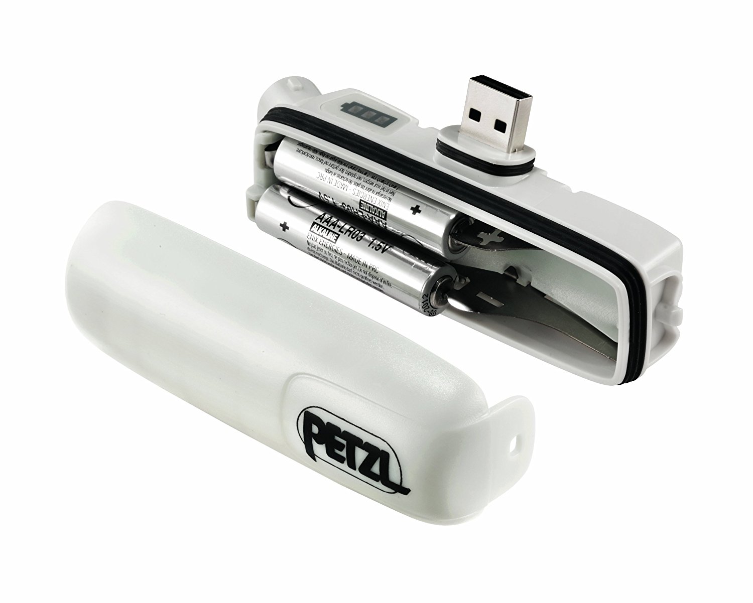 Battery compartment for Petzl Nao 2, showing two AAA batteries installed for emergency use.