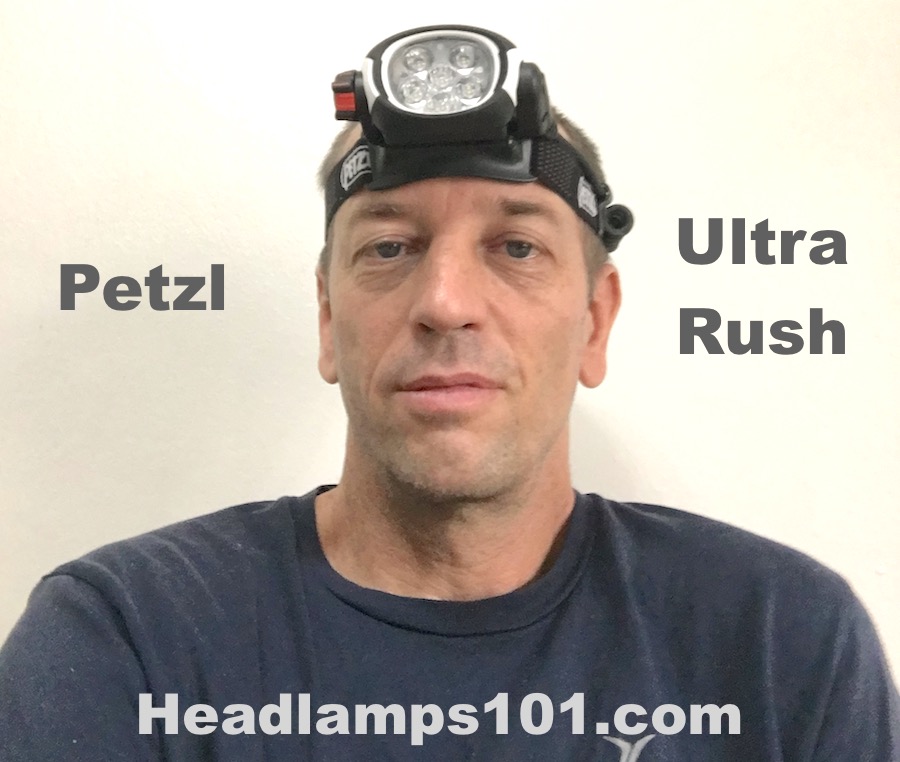 Petzl Ultra Rush 760 lumens headlamp as worn on head.