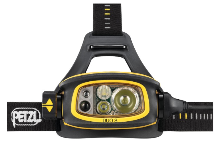 Close-up of the newest 2019 Petzl DUO S headlamp unit showing new beam configuration, colors, and Face2Face technology sensors.