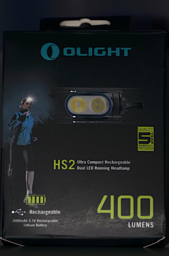 OLIGHT HS2 retail box with image and some basic specifications for this headlamp.