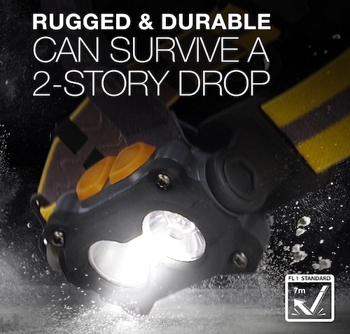 Energizer Hard Case Rugged Headlamp shock proof rating - 7 meter drop.