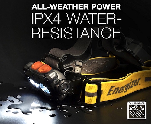 Energizer Hard Case Rugged Headlamp water resistance rating IPX4.