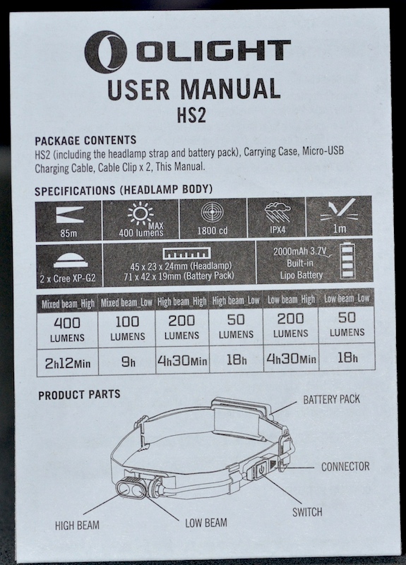 OLIGHT HS2 user's manual telling specs, item details, and user instructions.
