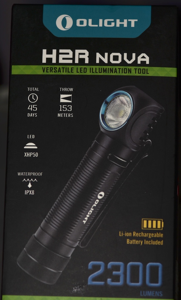 Olight H2R Nova headlamp box showing some basic specifications.