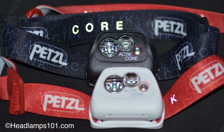 Petzl Actik Core black and red headlamps.