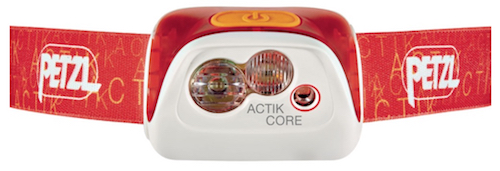 Petzl ACTIK CORE headlamp in red and close-up.