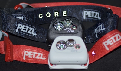 2018 Petzl Actik Core headlamps in red and black styles.