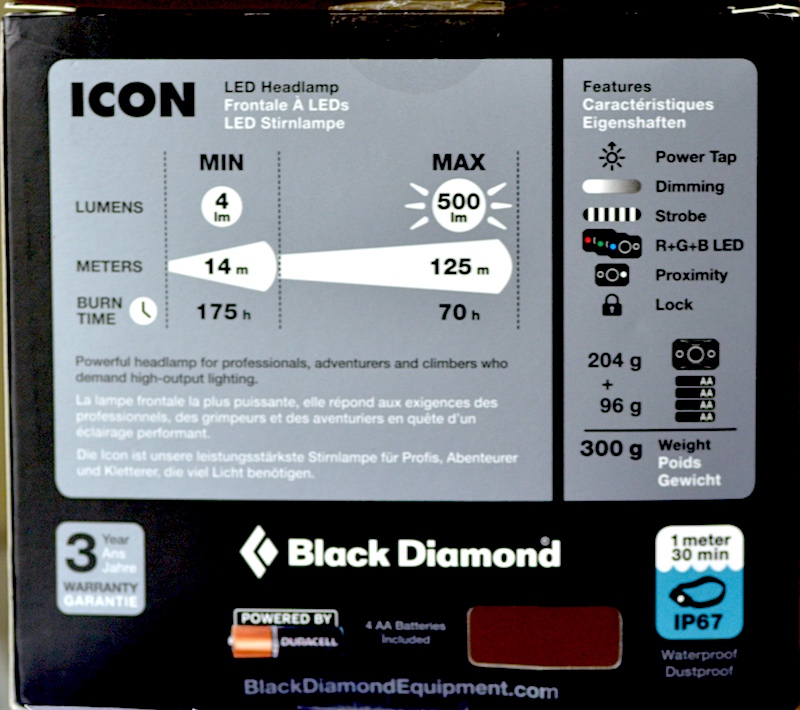 Back of retail box for Black Diamond Icon.