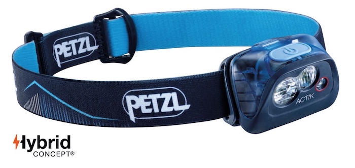 Blue Petzl ACTIK CORE headlamp perfect for runners and camping.