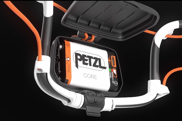 Open battery compartment in Petzl IKO CORE headlamp.