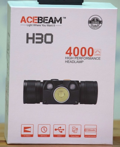 Retail box for ACEBEAM H30 headlamp.