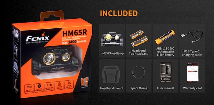 Fenix HM65R headlamp contents included in retail package. Headlamp, headband, battery, USB C cable, O-ring, User manual, and headband mount.